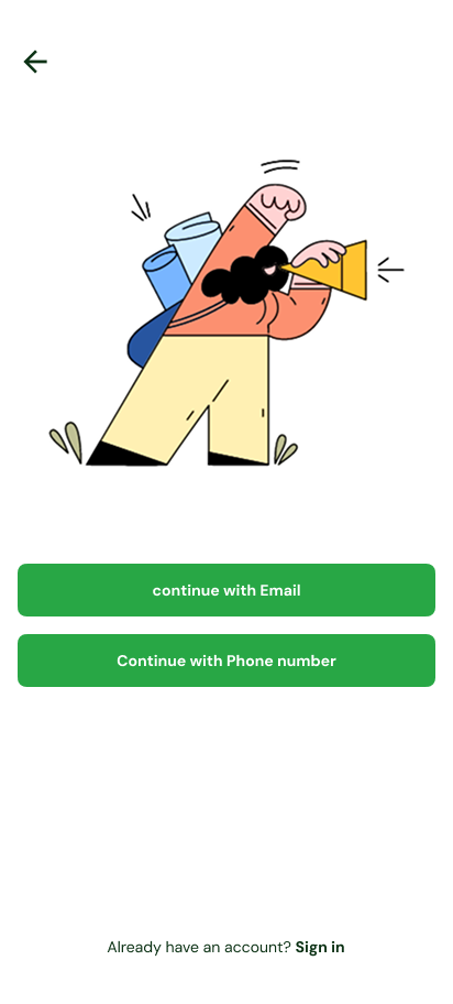 Kasuwa 360 — Sign-up options on mobile