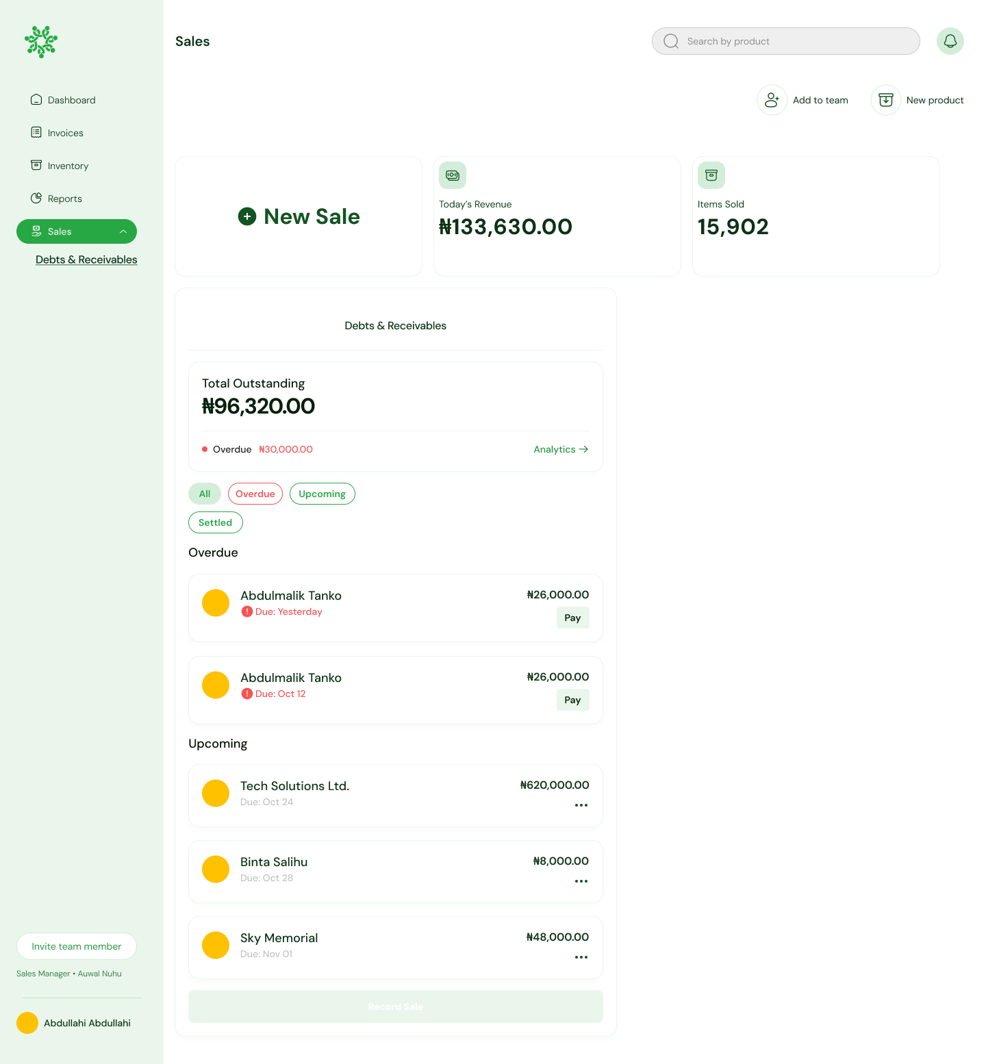 Kasuwa 360 — Sales overview with debts and receivables