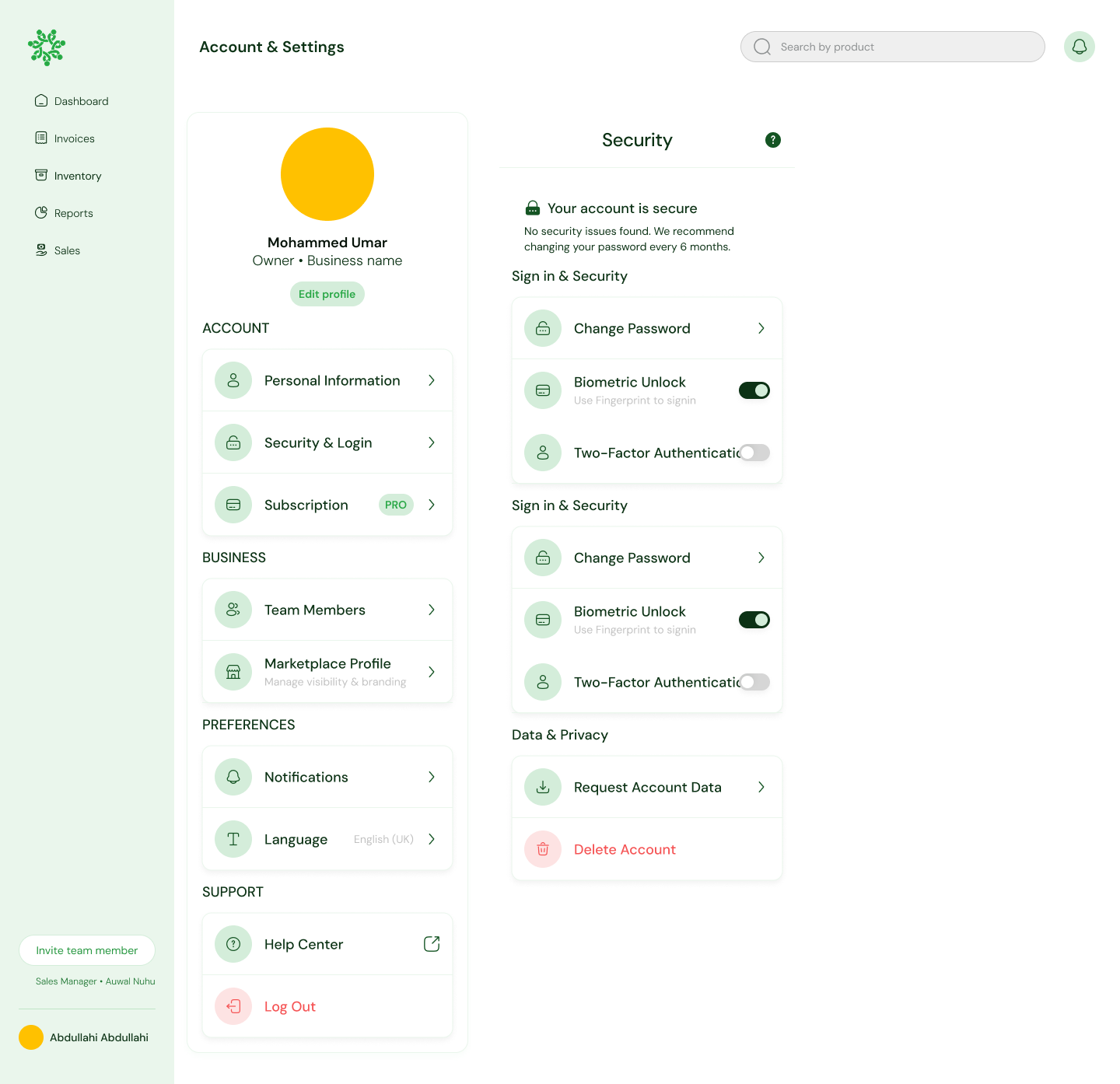 Kasuwa 360 — Account and security settings