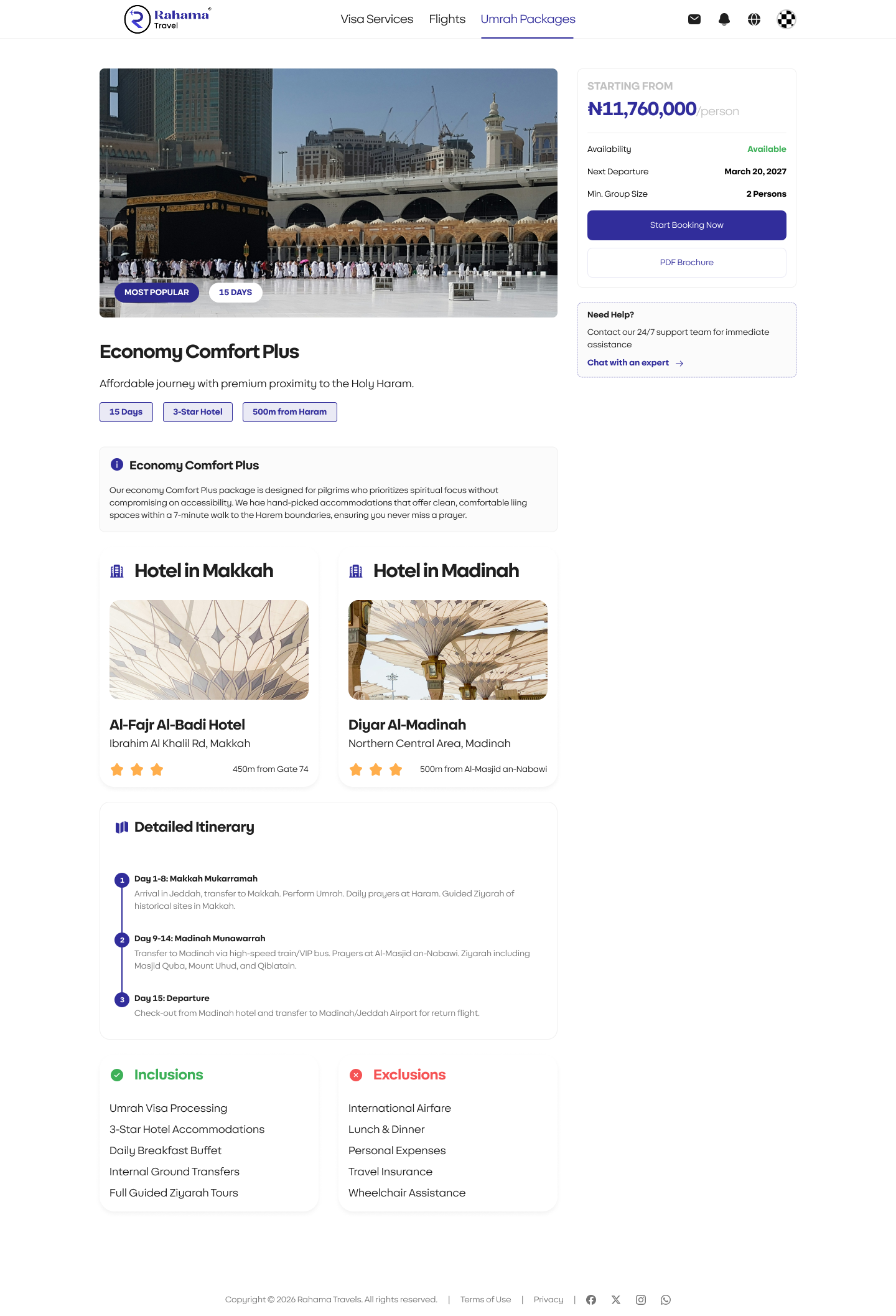 Rahama Travels — Umrah package detail page in full